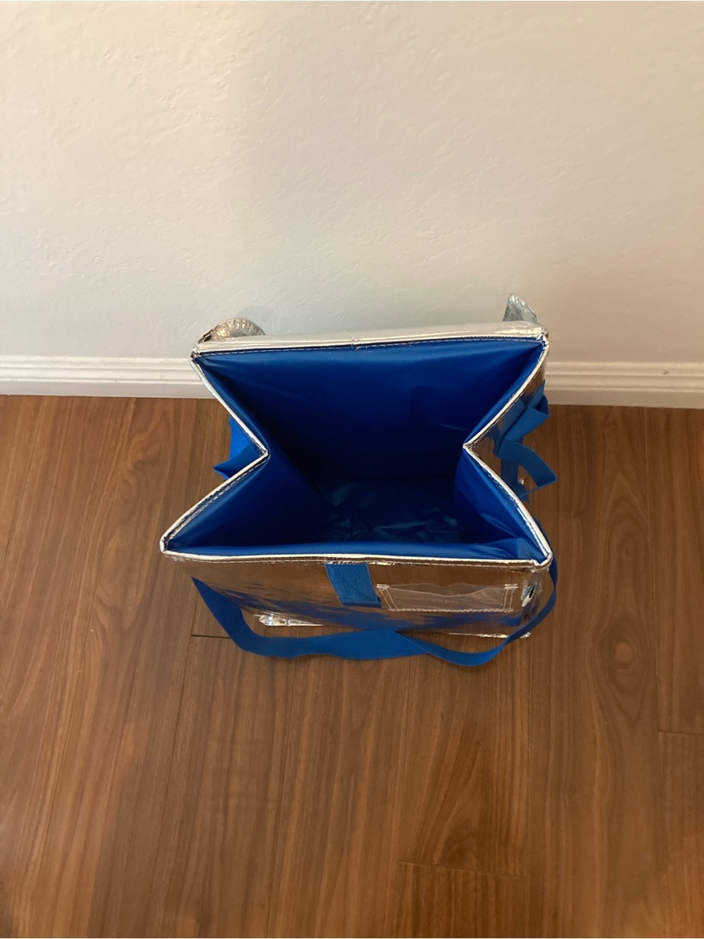 Silver Insulated Tote Bag with Blue Interior and Straps